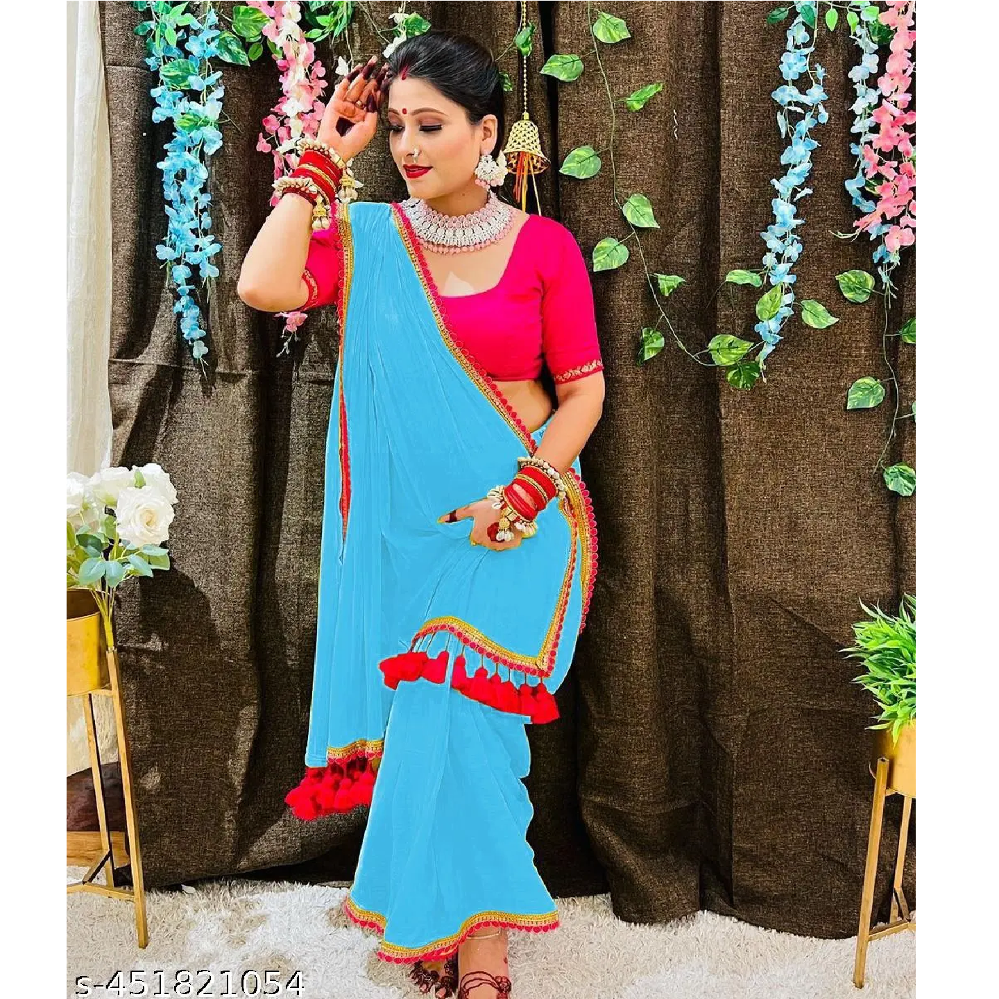 Light Blue Solid Georgette Red Lace Saree